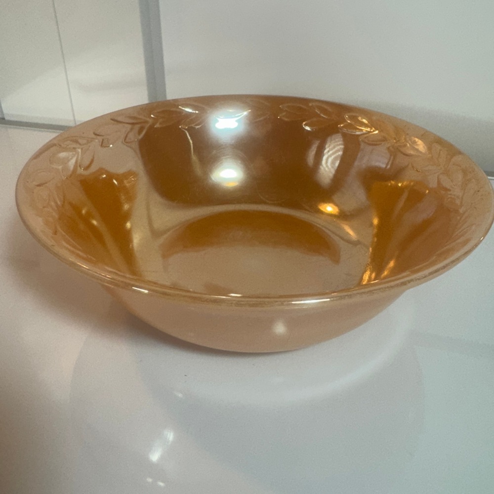 Fire King Oven Ware Amber Iridescent Laurel Leaf Pattern Mixing Bowl Made USA